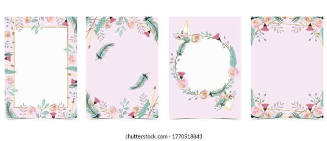 Geometry pink gold wedding invitation card with rose,leaf,wreath,feather and frame