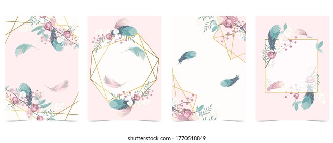 Geometry pink gold wedding invitation card with rose,leaf,wreath,feather and frame