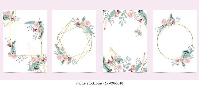 Geometry pink gold wedding invitation card with rose,leaf,wreath,feather and frame