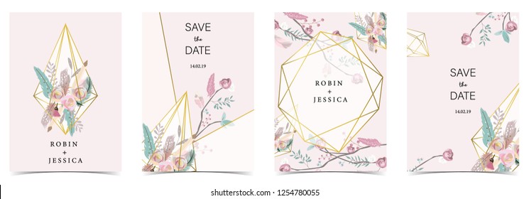 Geometry pink green,gold wedding invitation card with rose, leaf, ribbon, wreath, feather and frame