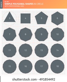 Geometry. Polygons. Simple polygonal shapes in circle with professional grid. Graphic figures for design. Set of mathematical forms with different angles. Objects of minimal elementary geometric art.