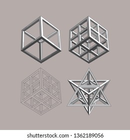 Geometry. Polyhedra, and polygons on a background of brown. 