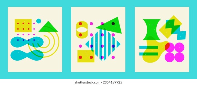 Geometry print posters collage set. Abstract geometric shapes graphic design template collection for banners, web site background. Mid century retro style minimalistic art, trendy backdrop overlay.