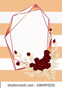 Geometry  rad and gold frame with red rose ,watercolors style Floral vector decorative greeting card or invitation design background