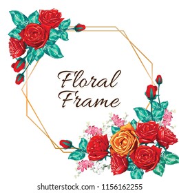 Geometry with red rose and white wild flowers Frame invitation or Congratulation card.Vector illustration hand drawing.