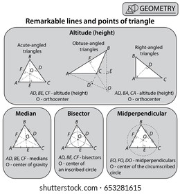 Geometry. Remarkable lines and points of triangle on grey background. Vector illustration