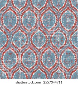 Geometry repeat pattern with grune textured on blue background, damask floral retro wallpaper,