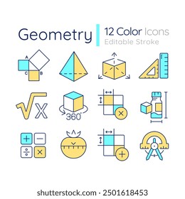 Geometry RGB color icons set. School subject. Trigonometry class. Mathematics education. Math tools. Isolated vector illustrations. Simple filled line drawings collection. Editable stroke