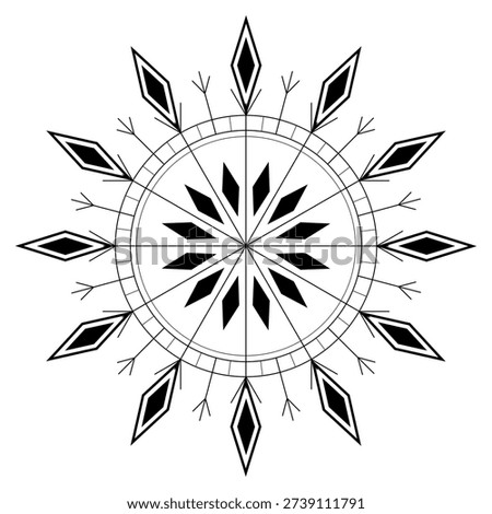 Geometry round mandala ornament vector illustration. Black manyrayed snowflake on white background. Christmas holiday decor. Coloring page design. Monochrome ethnic tattoo