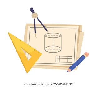 Geometry Ruler and Draft as School Education Item and Supply Composition Vector Illustration