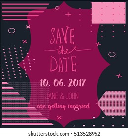 Geometry Save the Date card in modern 1980s with menu, Rsvp card. Wedding anniversary celebration party invitation design template