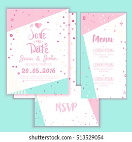 Geometry Save the Date card in modern 1980s with menu, Rsvp card. Wedding anniversary celebration party invitation design template