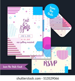 Geometry Save the Date card in modern 1980s with menu, Rsvp card. Wedding anniversary celebration party invitation design template