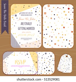 Geometry Save the Date card in modern 1980s with menu, Rsvp card. Wedding anniversary celebration party invitation design template