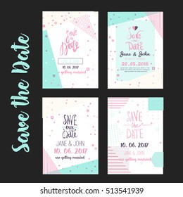 Geometry Save the Date card in modern 1980s with menu, Rsvp card. Wedding anniversary celebration party invitation design template