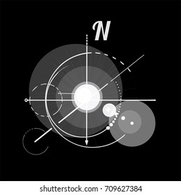 Geometry scheme sacred compass round symbol on black background white ray