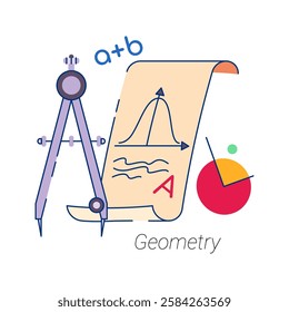 Geometry school discipline, subject in university or college. Vector isolated flat cartoon icon for student curriculum. Knowledge in mathematics and geometrical formula, drawing compasses