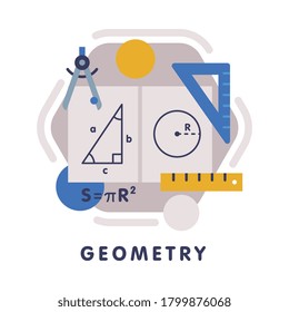 Geometry School Subject Icon, Education and Science Discipline with Related Elements Flat Style Vector Illustration