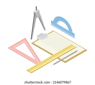 Geometry school subject supplies. Triangle, ruler, protractor, compass tool isometric vector illustration