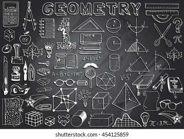Geometry Science Doodle Hand Drawn Elements in Gray Chalkboard Background. Science and School Education theme.