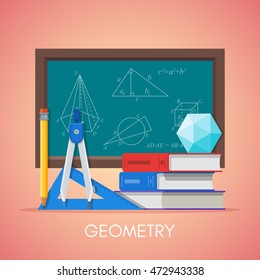 Geometry science education concept vector poster in flat style design. Geometry and math symbols on a school chalkboard.