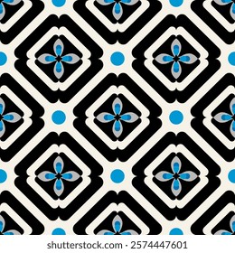 Geometry seamless with floral pattern ethnic traditional black and blue.