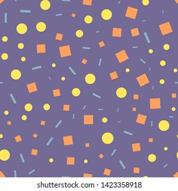 Geometry - seamless pattern. Chaotic shapes, orange squares, yellow circles, blue segments, violet background. Calm colors. For printing, rolls, paper, membranes, fabrics, gifts, etc.