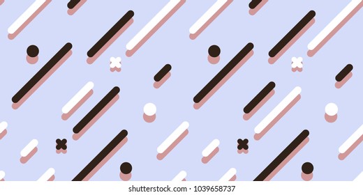 Geometry seamless pattern with flat shadow. Vector illustration. Trendy texture concept. White and black color stripes on light violet background. Abstract composition elements wallpaper image print.