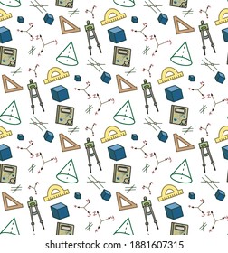 Geometry seamless pattern on white background. Triangle, ruler, divider, calculator, axis. School notebook, textbook design.