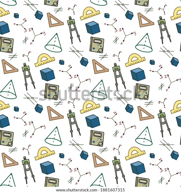 Geometry seamless pattern on white background.\
Triangle, ruler, divider, calculator, axis. School notebook,\
textbook design.