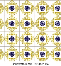 Geometry seamless pattern in portugal style yellow and blue ornament. Azulejos vector, fashion interior design tiles. Ornamental textile background