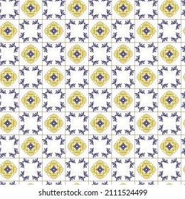  Geometry seamless pattern in portugales style yellow and blue ornament Azulejos vector, fashion interior design tiles. Ornamental textile background