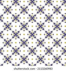 Geometry seamless pattern in portugales style yellow and blue ornament. Azulejos vector, fashion interior design tiles. Ornamental textile background