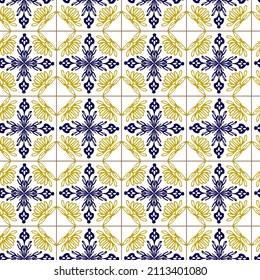 Geometry seamless pattern in portugales style yellow and blue ornament. Azulejos vector, fashion interior design tiles. Ornamental textile background