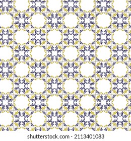 Geometry seamless pattern in portugales style yellow and blue ornament. Azulejos vector, fashion interior design tiles. Ornamental textile background