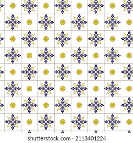 Geometry seamless pattern in portugales style yellow and blue ornament. Azulejos vector, fashion interior design tiles. Ornamental textile background
