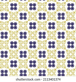 Geometry seamless pattern in portugales style yellow and blue ornament. Azulejos vector, fashion interior design tiles. Ornamental textile background