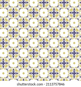 Geometría sin fisuras en adorno amarillo y azul estilo portugales. Azulejos vectorial, baldosas de diseño interior de moda. Fondo textil ornamental