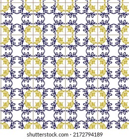  Geometría sin fisuras en adorno amarillo y azul estilo portugales. Azulejos vectorial, baldosas de diseño interior de moda. Fondo textil ornamental