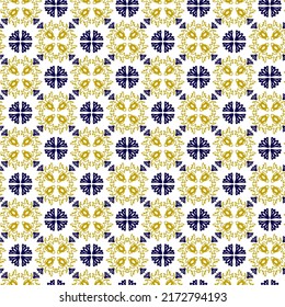 Geometría sin fisuras en adorno amarillo y azul estilo portugales. Azulejos vectorial, baldosas de diseño interior de moda. Fondo textil ornamental