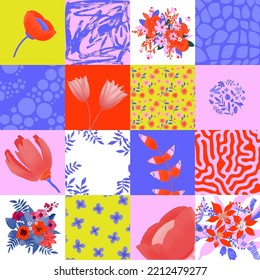 Geometry seamless tile with flowers. Abstract brutalism pop art vector pattern 