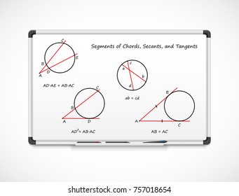 Geometry: Segments of Chords, Secants, and Tangents. Mathematical formula equations on a whiteboard.
Education and knowledge concept.