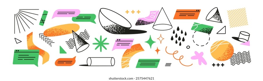 Geometry set. Different doodles, outline geometric shapes, figures of maths, lines, forms, elements. Abstract signs, contour circles, cylinders. Flat isolated vector illustrations on white background