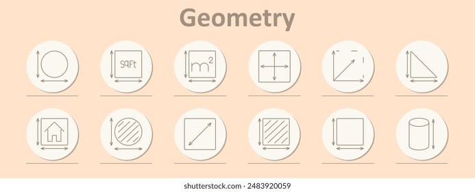 Geometry set icon. Circle, square feet, square meters, dimension, angle, triangle, house, diameter, diagonal, area, cylinder, radius.