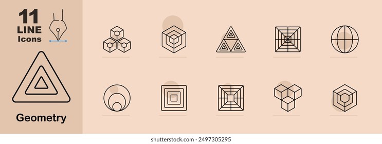 Icono de conjunto de geometría. Cubo, pirámide, esfera, círculo, triángulo, estructura, forma, cuadrícula, 3D, objeto, diseño, abstracto, forma, patrón, geométrico, símbolo, arte, matemáticas, línea, arquitectura, poliedro