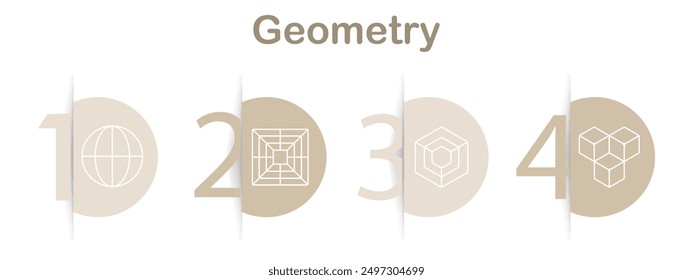 Icono de conjunto de geometría. Globo, cuadrícula de perspectiva, cubos anidados, prisma triangular, Formas, matemáticas, diseño, estructura, patrones, abstracto, geometría, símbolos, arte visual, educación, herramientas de geometría