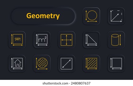 Geometry set icon. Square feet, square meters, circle, triangle, rectangle, dimension, measure, volume, area, length, width. Mathematical shapes, measurements concept.