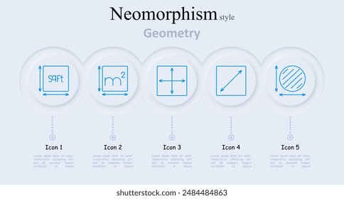 Geometry set icon. Square feet, square meters, arrow directions, diagonal arrow, circle, geometric shapes, measurements, dimensions