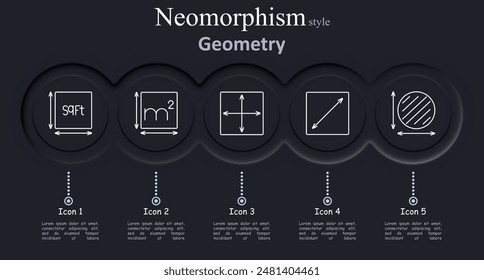 Symbol "Geometry Set". Quadratfuß, Quadratmeter, Abmessungen, Diagonale, Kreisfläche, Maß, Größe, Fläche, Länge, Breite, Geometrie, Raum.