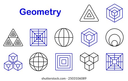 Icono de conjunto de geometría. Triángulo, cubo, hexágono, pirámide, esfera, cuadrícula, diseño, forma, patrón, estructura, 3D, geometría, matemáticas, abstracto, figura, polígono, forma, símbolo, línea, elemento.